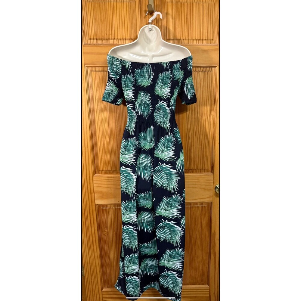 Tropical Beach Off-Shoulder Maxi long green navy blue Dress – Size Medium